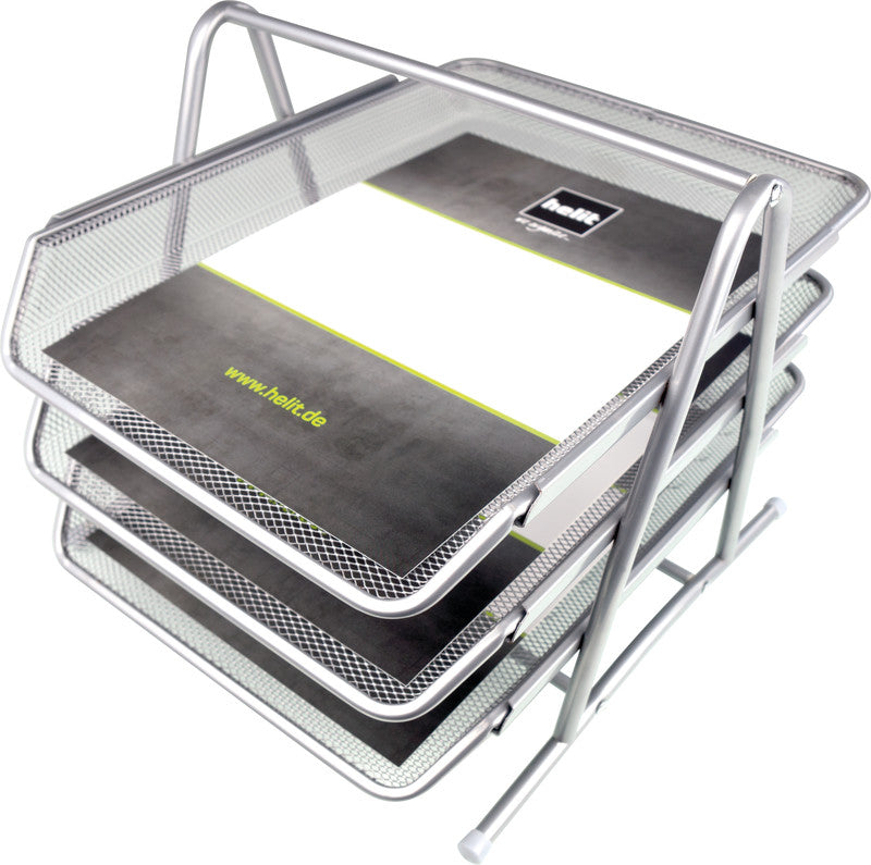 Helit Briefkorb – Metall, für A4, C4, 3 Fächer, glänzend, silber, B 295 × H 270 × T 350 mm