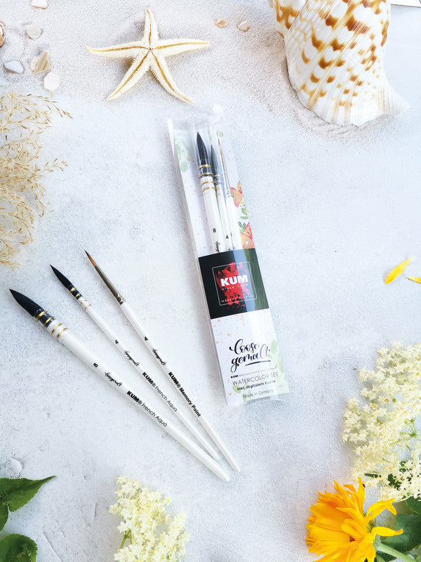 Kum Pinsel – perlmutt, Synthetikhaare, Holzschaft, 3er-Pack, Aluminiumzwinge, für Aquarellfarben