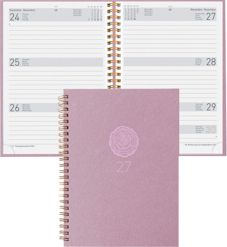 Biella Dispo Term Natural Agenda – 1 Woche/2 Seiten, Wire-O, 14,5 × 20,5 cm, 2027, Mehrsprachig, Rosa