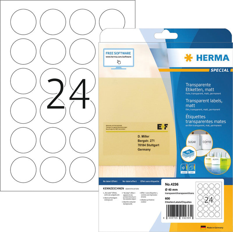HERMA Runde Druckeretiketten, Ø 40 mm, transparent, PES-Folie, stark klebend, 600 Etiketten