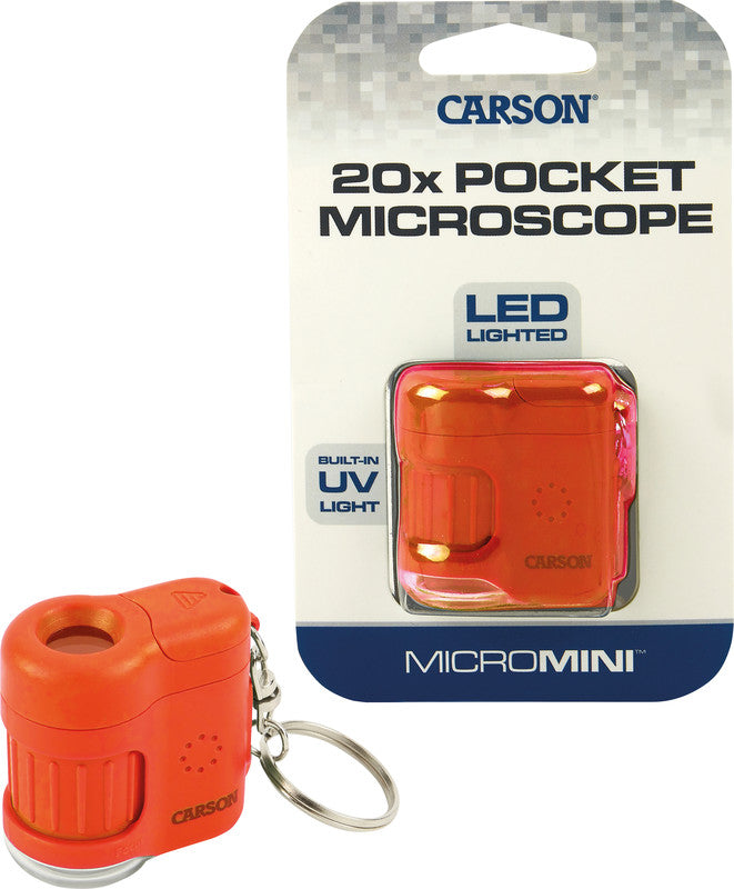 Carson MicroMini Taschenmikroskop – 20×, LED+UV, mit Schlüsselring, Orange