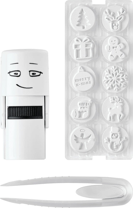 Colop Little NIO Rundstempel – Weihnachten, selbstfärbend, 10 Motive, Ø 17 mm, Kissen grau, Englisch