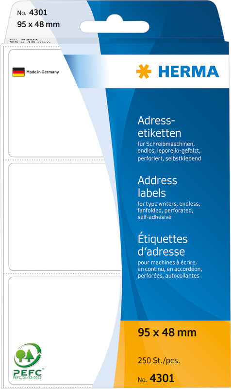 HERMA Adressetiketten, 95 mm × 48 mm, weiss, Papier, permanent, 250 Etiketten