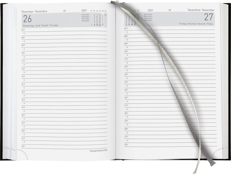 Biella Executive Agenda – 1 Tag pro Seite, gebunden, 14,5 × 20,5 cm, 2027, 1/2-Stunden-Takt, schwarz, FSC