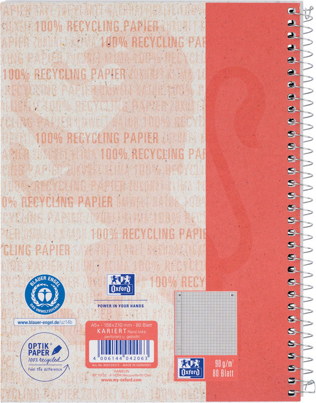 Elba Oxford – Collegeblock A5+, kariert, Spiralbindung, 80 Blatt – rot, für SCRIBZEE App
