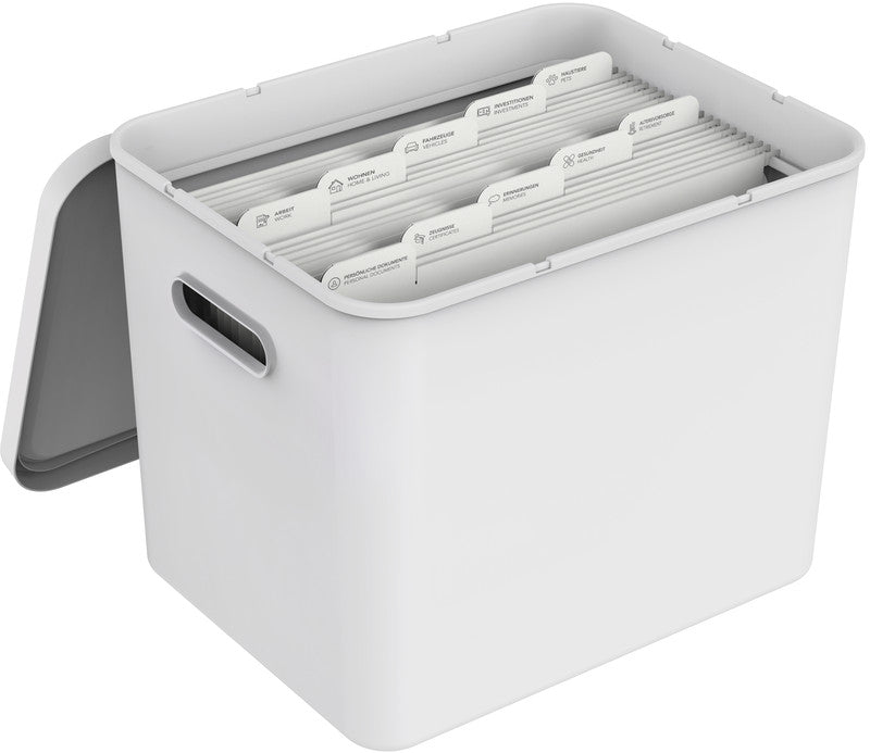 Rotho My Paper Archivschachtel A4 – inkl. 10 Hängemappen, mit Deckel, Griffloch, 400 × 290 × 295 mm, weiss