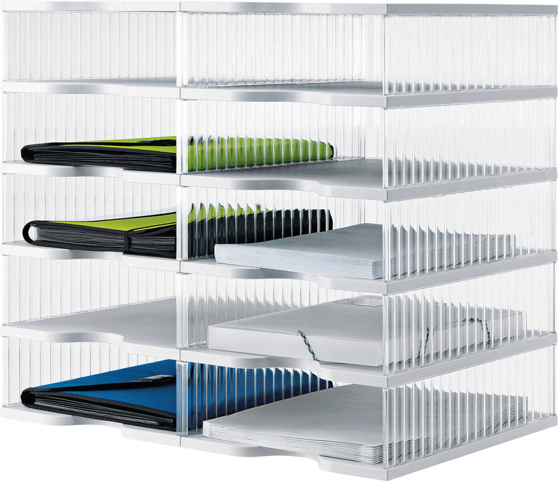 Styro Briefkorb – mit Beschriftungsfeld, transparent, B 600 × H 528 × T 400 mm, Serie Duo-Tower