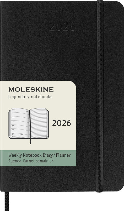 Moleskine Agenda – 1 Woche/1 Seite, gebunden, 9 × 14 cm, Jan–Dez 2026, Englisch, schwarz, FSC