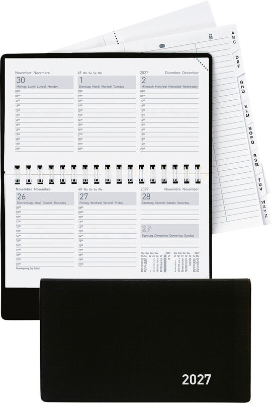 Biella Agenda – 1 Woche/2 Seiten, Spiralbindung, 15,3 × 8,5 cm, 2027, mehrsprachig, schwarz, FSC