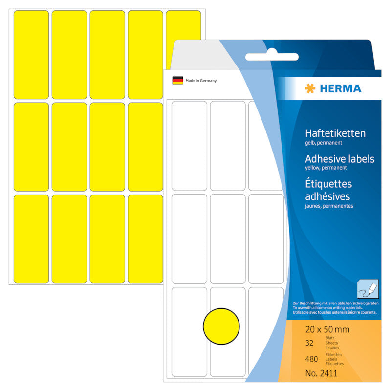 HERMA Schuletiketten – 20×50 mm, Abgerundete Ecken, 480 Stk, 32 Bogen, Papier, Permanent Haftend