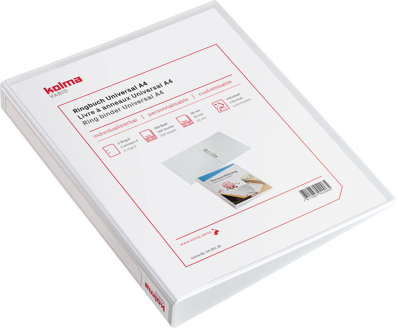 Kolma Zeigebuch – A4 Hochformat – 2-Ring Bügelmechanik, Ø 35 mm, Rücken 54 mm – Weiss, mit Sichttasche