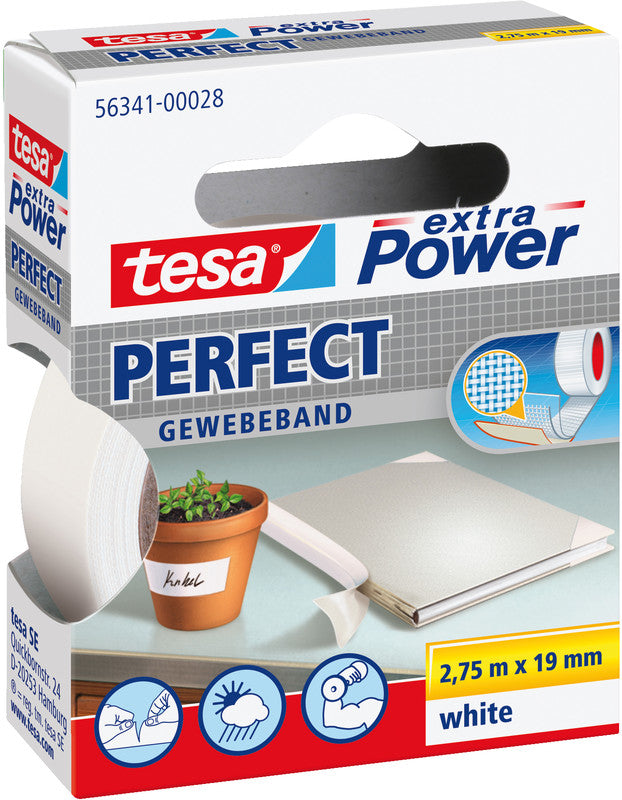TESA Gewebeband extra Power Perfect – permanent, 19 mm × 2,75 m, weiss
