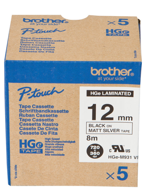 Brother Schriftband – 12 mm × 8 m, silber, schwarz – 5 Stück