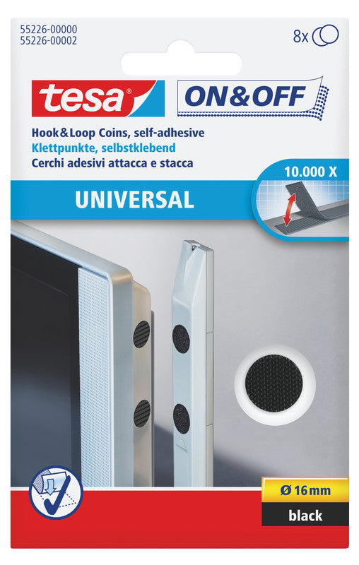 TESA Klettpunkte on&off – permanent, Kern Ø 16 mm, schwarz, 8 Stück
