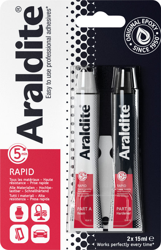 Go-Araldite Araldite Rapid 2K-Kleber – hochbelastbar, wasserfest, für Metall, Holz, Glas, 2×15 ml, −30 bis +65 °C