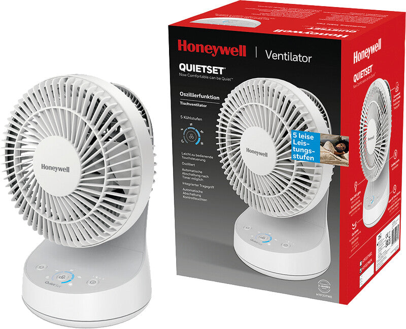 Honeywell Tischventilator QuietSet HTF337EW – 34 W, 5 Stufen, 80°, Timer, Netz, Weiss – 230 × 330 × 192 mm