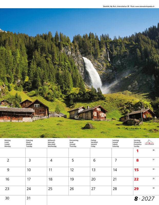 Calendaria Berge und Täler der Schweiz – Bildkalender Schweiz 2027 – 30 × 40 cm – Kalendarium d/f/i/e