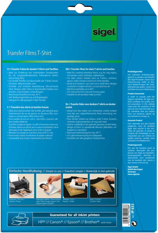 Sigel Transferpapier – für Inkjetdrucker, für dunkle Textilien, A4 (210×297 mm), bis 40 °C, 6 Blatt