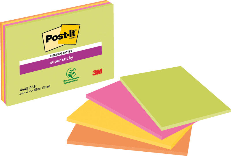 Post-it Haftnotizen Super Sticky – 152×101 mm – sortiert, 4×45 Blatt, PEFC