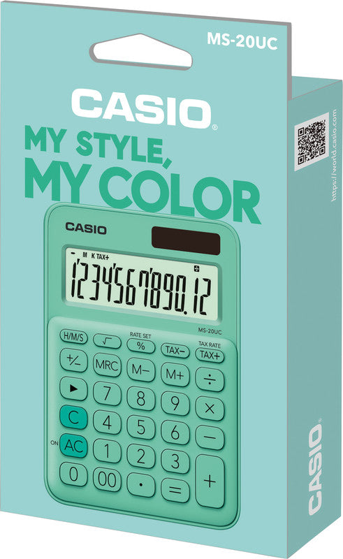 Casio Tischrechner MS-20UC – 12-stellig, LCD, Solar + Batterie, grün, 105×149,5×23 mm