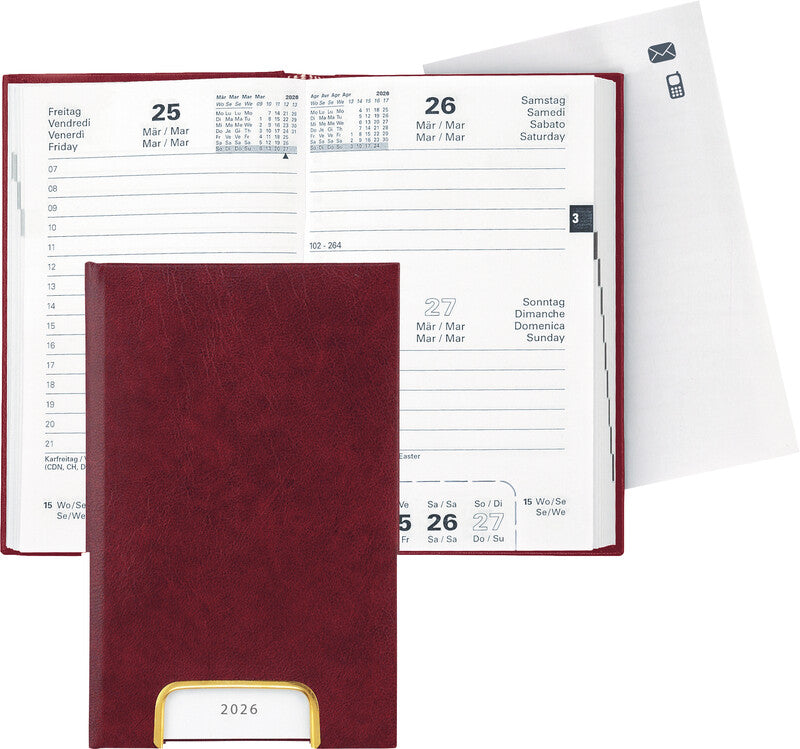 Biella Disponent Agenda – 1 Tag pro Seite, gebunden, 10,1 × 16,0 cm, 2026, 1-h-Takt, weinrot, FSC