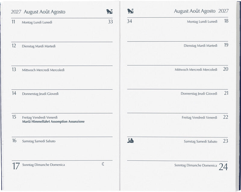 Biella Pratique Agenda – 1 Woche/1 Seite, gebunden, 8,7 × 13,6 cm, 2026, mehrsprachig, dunkelblau, PEFC
