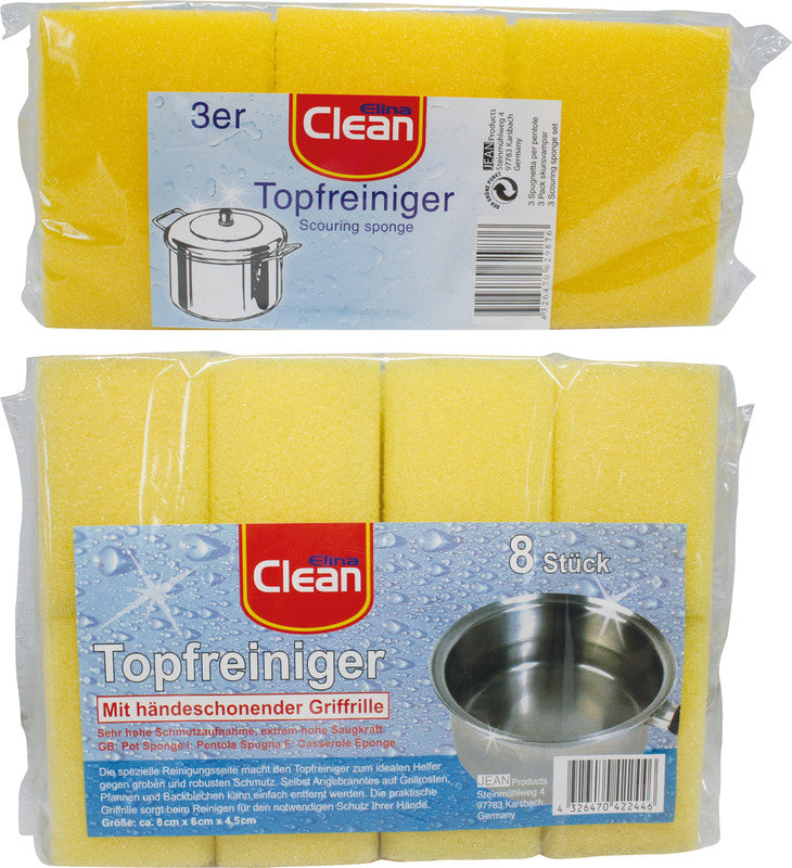 Elina clean Schwamm – Kunststoff, gelb, mit Griffleiste, für Metallbehälter, Gusspfannen, Backbleche, 3 Stk.