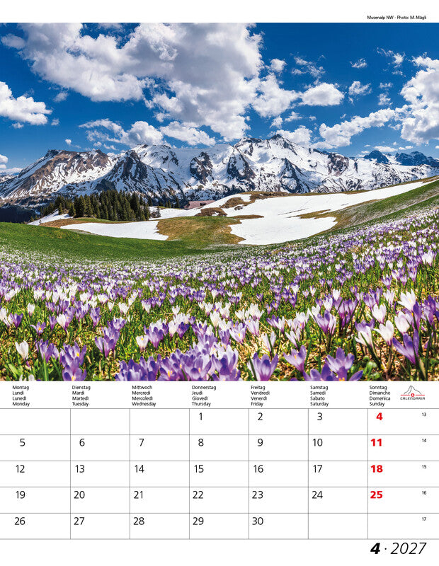 Calendaria Berge und Täler der Schweiz – Bildkalender Schweiz 2027 – 30 × 40 cm – Kalendarium d/f/i/e