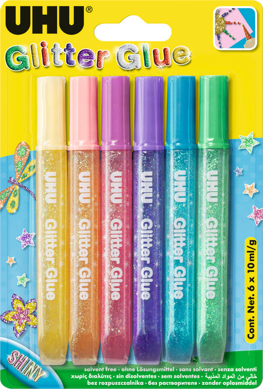 UHU Glitzerkleber Shiny – farbig sortiert – Set 6 × 10 ml – auswaschbar, lösungsmittelfrei – zum Basteln