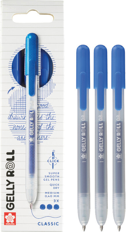 Sakura Classic Gelschreiber 3er Set – blau, 0,4 mm, schnelltrocknend, für dunkles Papier, Kappe