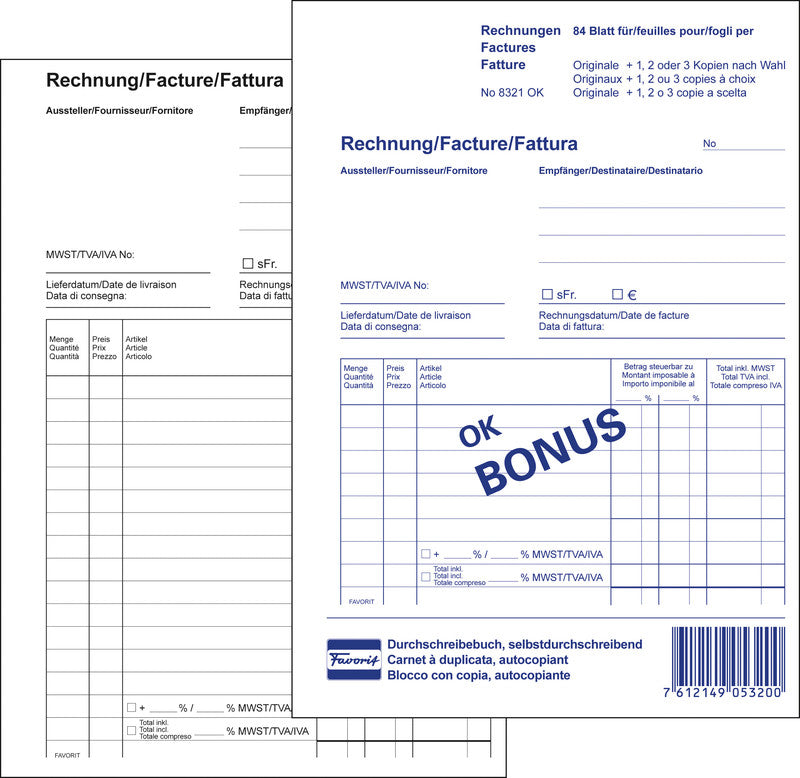 Favorit Formularblock – Rechnungen, mehrsprachig, 84 Blatt, A6