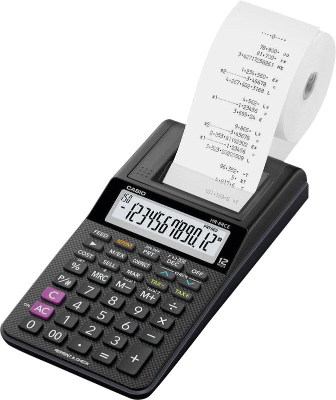 Casio Druckender Tischrechner HR-8RCE – 12-stellig, 2 Zeilen/s, LCD, Steuer/Währung, Netz/Batterie