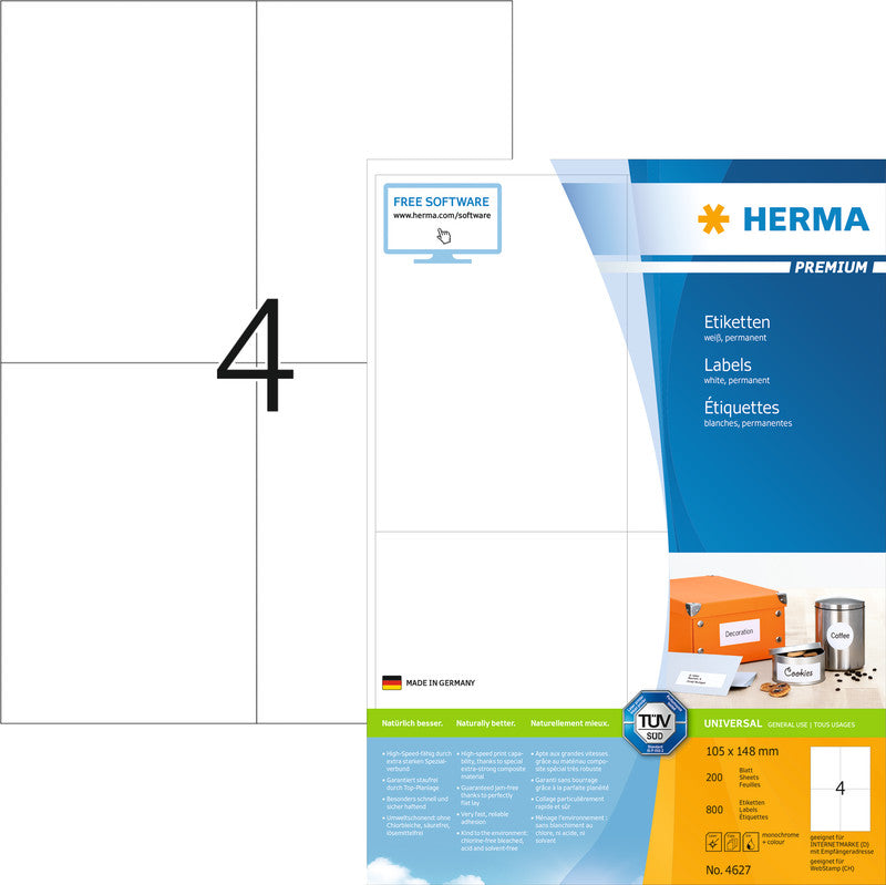 HERMA Bogenetiketten, 105 mm × 148 mm, weiss, Papier, permanent, 200 Blatt (800 Etiketten)