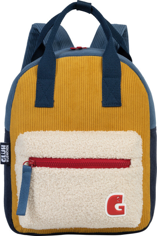 Glühwürmchen Elena – Kindergartenrucksack, Ocker/Blau, 7 l, 24×30×10 cm, mit Namensschild
