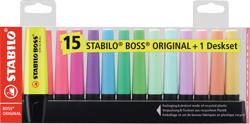 STABILO BOSS Original Textmarker Desktop Set 15 Farben – Keilspitze, 2–5 mm, nachfüllbar