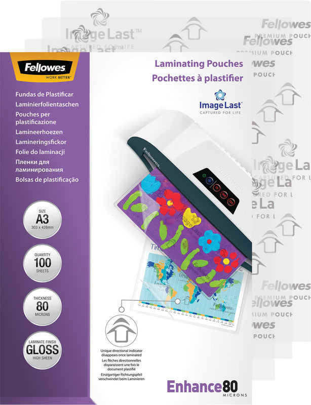 Fellowes Laminierfolien A3, glänzend – 80 µm, 303 × 426 mm, 100 Stk.