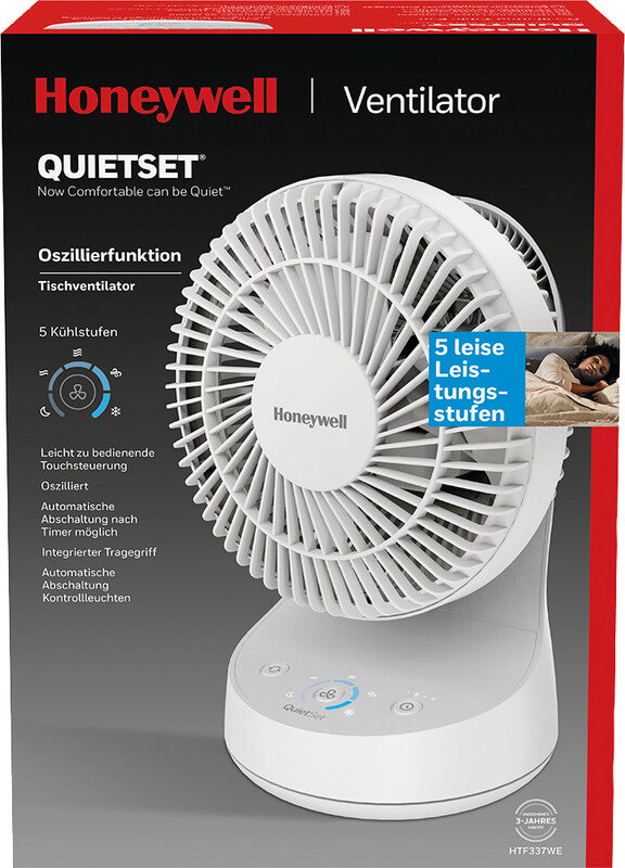 Honeywell Tischventilator QuietSet HTF337EW – 34 W, 5 Stufen, 80°, Timer, Netz, Weiss – 230 × 330 × 192 mm