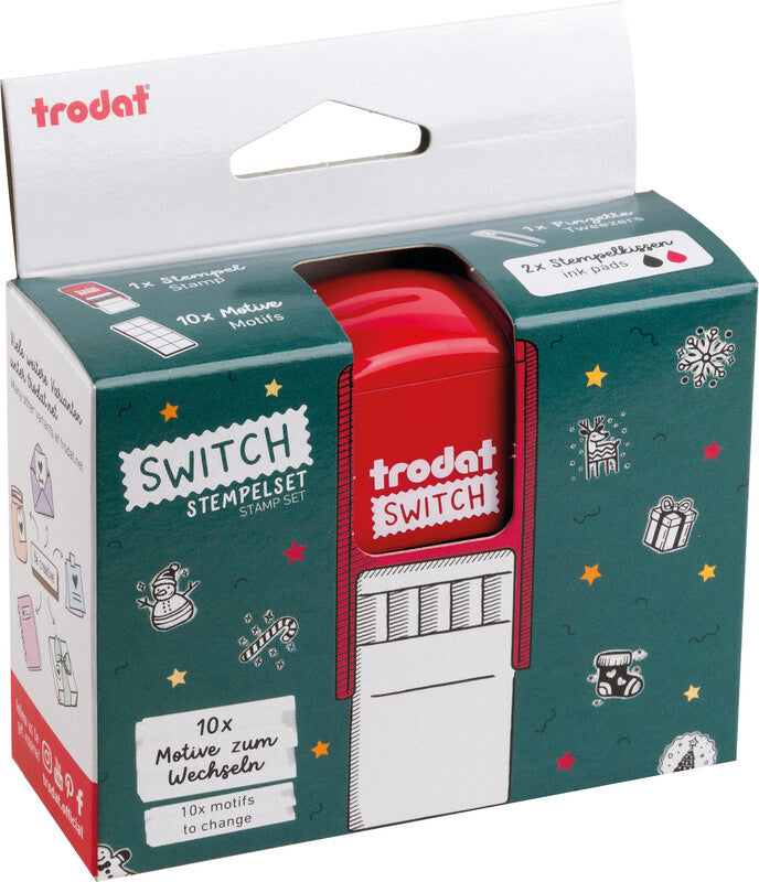 Trodat Weihnachts-Motivstempel – selbstfärbend, 10 Textplatten, 19 × 19 mm, 2 Kissen (rot/schwarz), Englisch