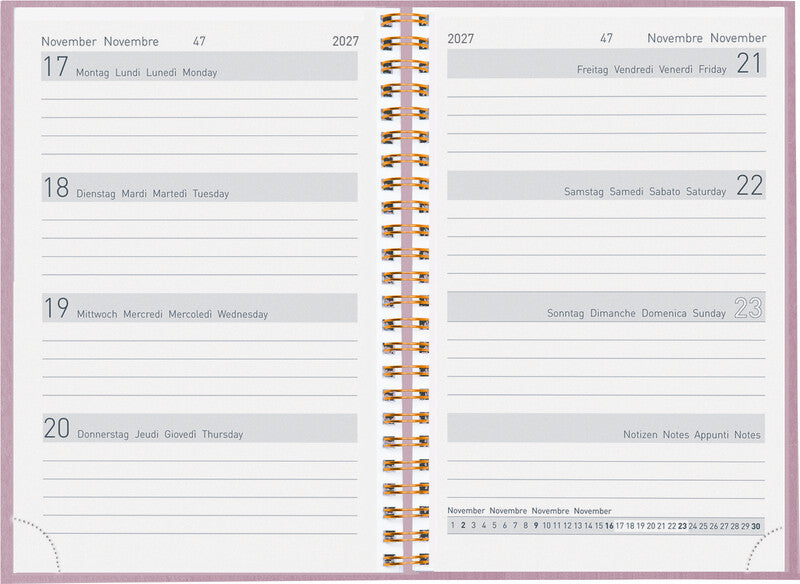 Biella Memento Agenda – 1 Woche/2 Seiten, Spiralbindung, 10,1 × 14,2 cm, 2027, Mehrsprachig, Rosa