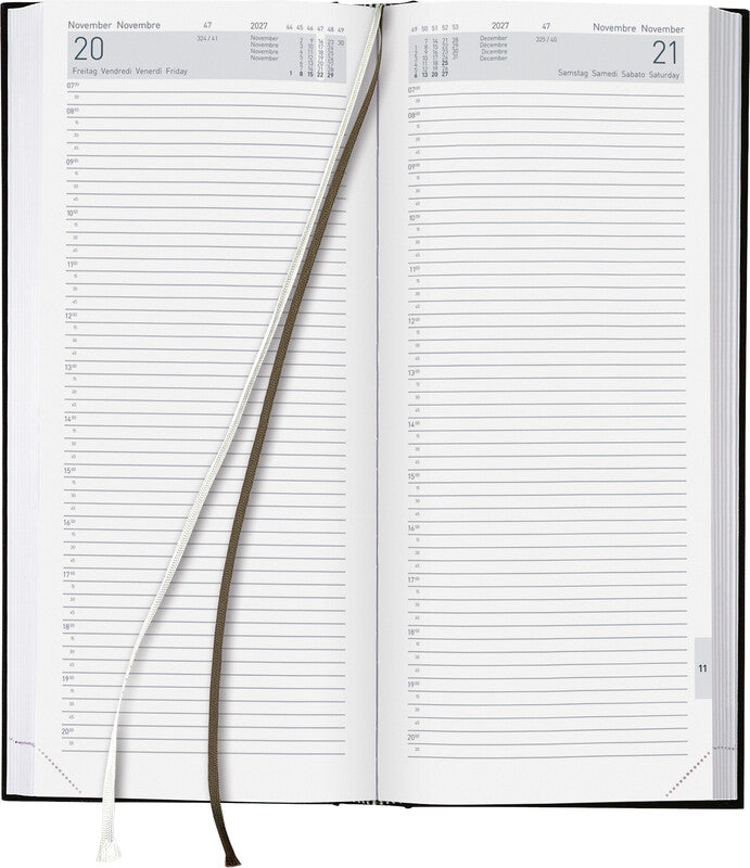 Biella Le Jour Agenda – 1 Tag pro Seite, gebunden, 13,5 × 31,5 cm, Jan–Dez, 2027, 1/4-Stunden-Takt, Dunkelblau, FSC