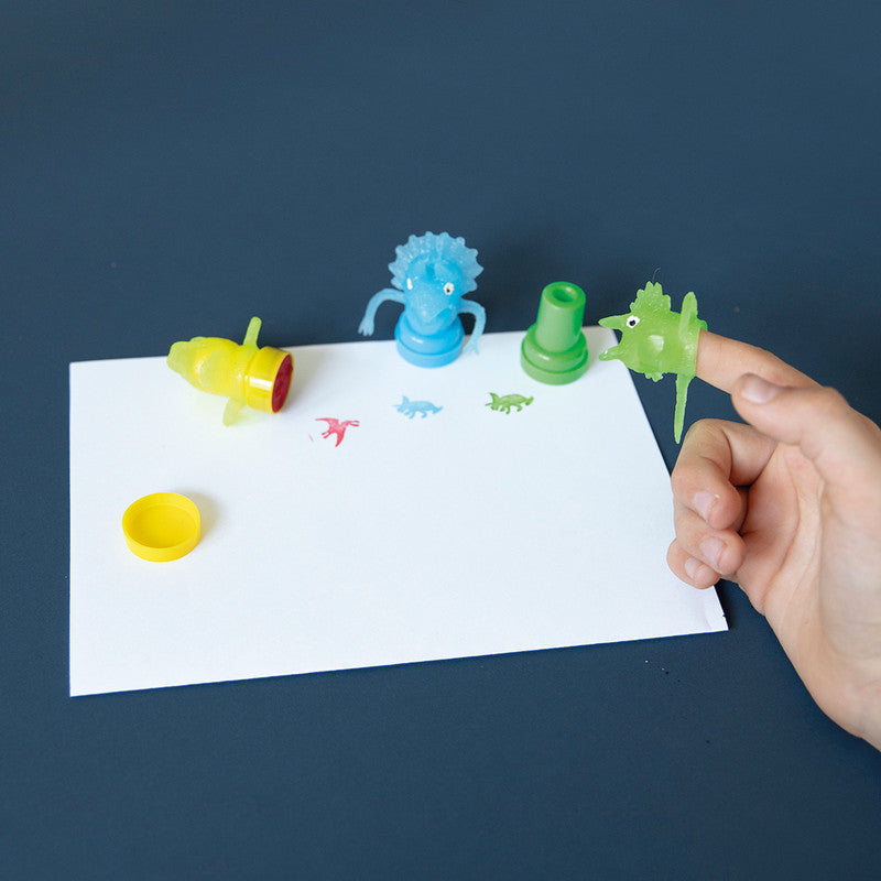 Trendhaus Motivstempel-Set – Hey Dino, selbstfärbend, 5 Motive, Ø 26 mm, Kissentränkung sortiert