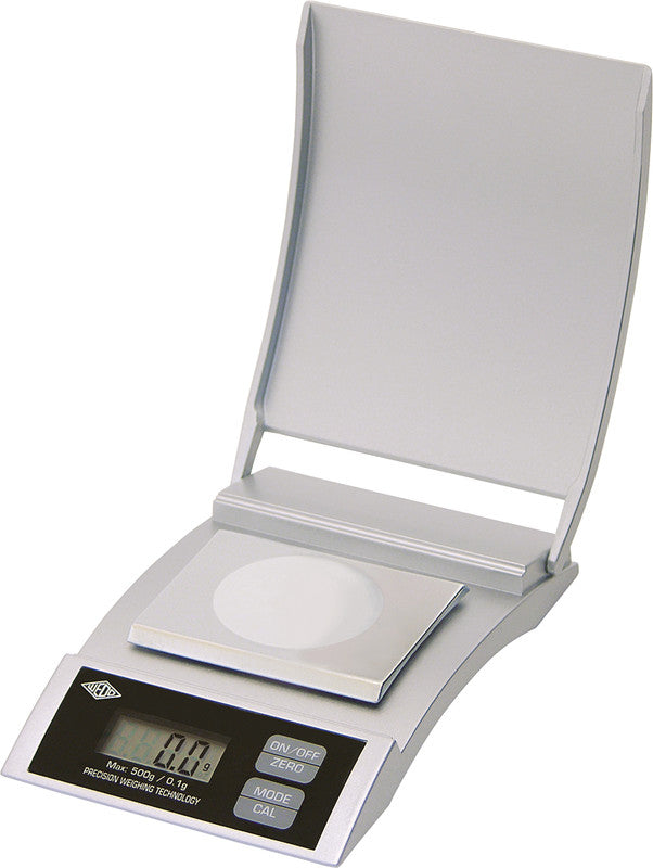 Wedo Präzisions-Taschenwaage – 500 g, 0,1 g, Wiegefläche 62 × 43 mm, Tara, Justierfunktion, Silber