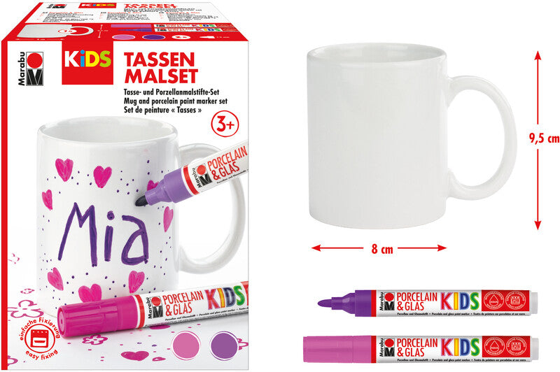 Marabu KiDS – Tassen-Malset MIA – 8 × 8 × 9,5 cm – 1 Tasse, 2 Porzellan- & Glasmalstifte 1–3 mm