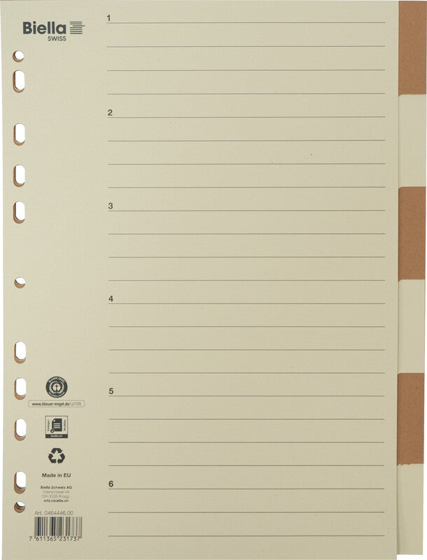 Biella Register – A4, 6-teilig, Karton, braun/beige, unbedruckt, mit Indexblatt, 11-fach Lochung