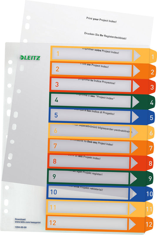 Leitz Register – A4, 12-teilig, PP, farbig, vorgedruckt, 11-fach gelocht, für A4 hoch überbreit
