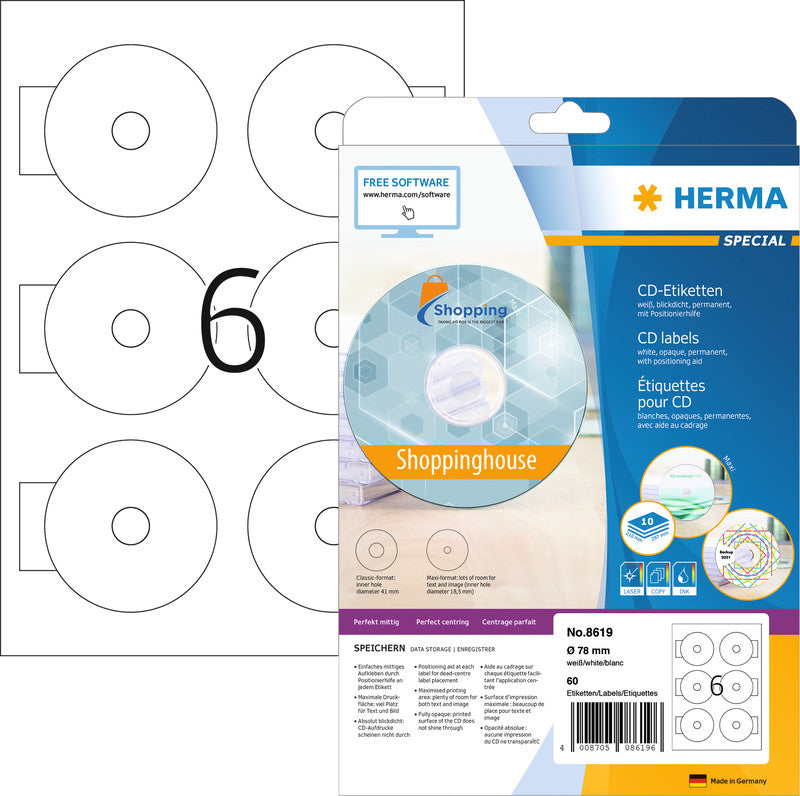 HERMA CD-/DVD-Etiketten, Ø 78 mm, weiss, Papier, permanent, 60 Etiketten (10 Blatt)