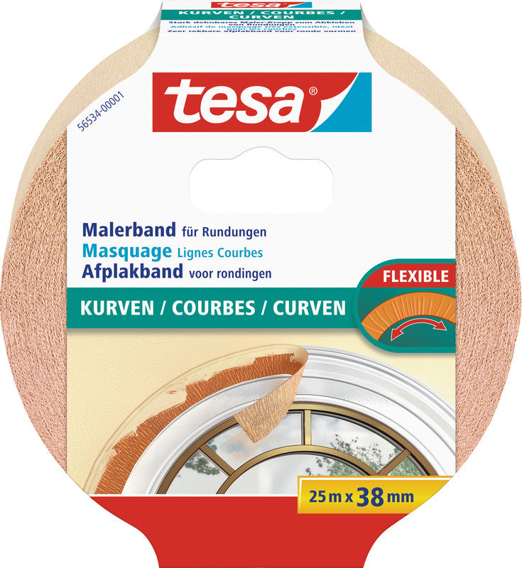 tesa Krepp-Abdeckband – 38 mm × 25 m, beige, für Innenbereich; für Kurven, rückstandsfrei bis 7 Tagen