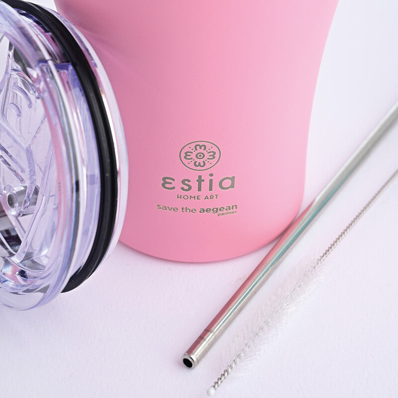 Estia Thermobecher 350 ml – Doppelwandig 6 h heiss / 12 h kalt, Edelstahl, Druckknopfdeckel, Blossom Rose