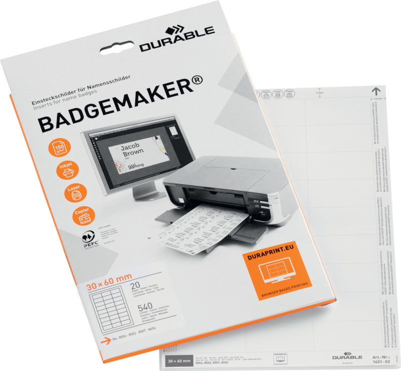 Durable Schuletiketten – für Namensschilder 8006, 8502, 8507 und mehr – 60×30 mm, 540 Stk, 20 Bogen, Papier