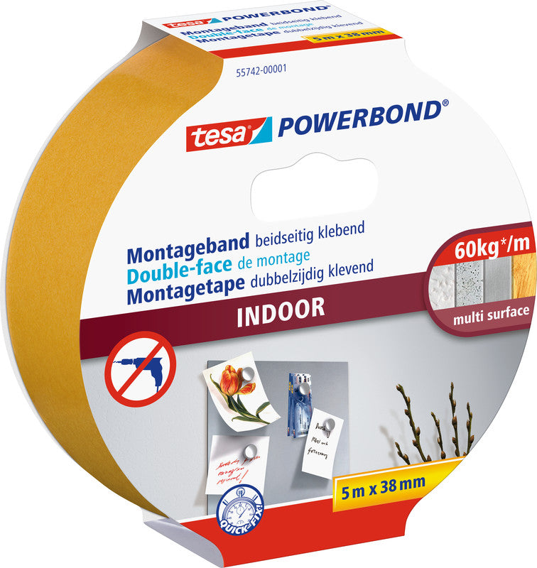 Tesa Powerbond Montageband, stark, für den Innenbereich, für glatte Oberflächen – 38 mm × 5 m, weiss, bis 5 kg/10 cm
